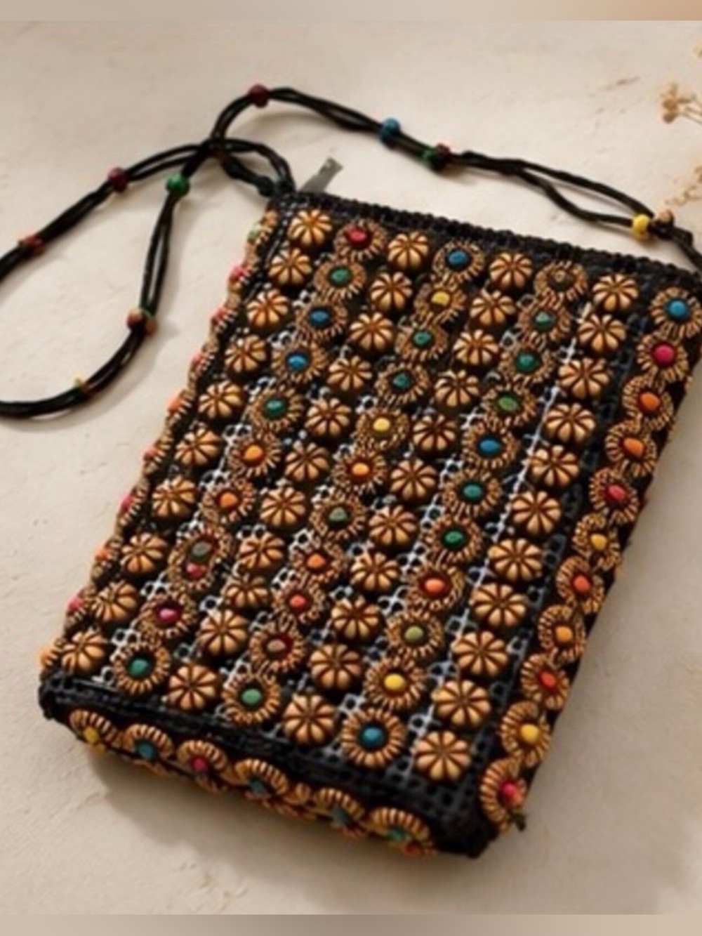 Handcrafted Black Beaded Crossbody with Multicolor Medallions - Picture 3 of 5